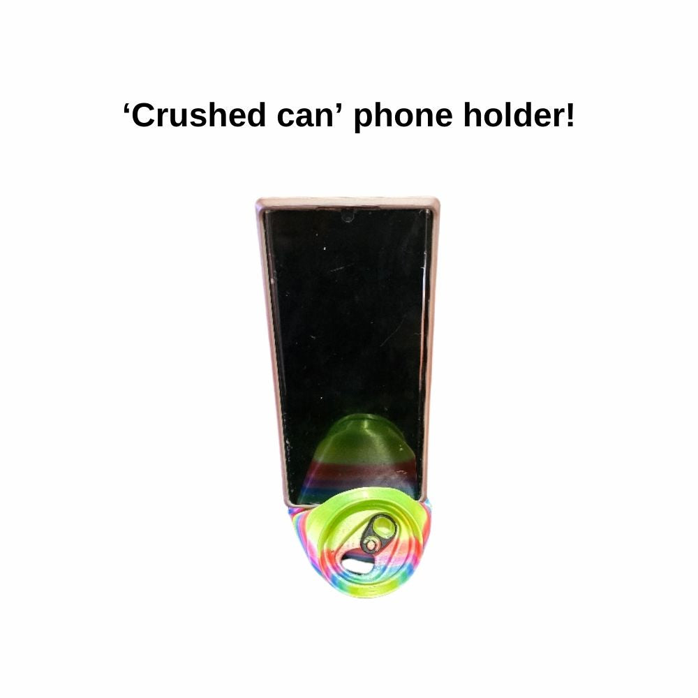 Crushed can phone holder is colourful and best for Secret Santa and Xmas gifts. Made by Chaos 3D Printing in Australia.