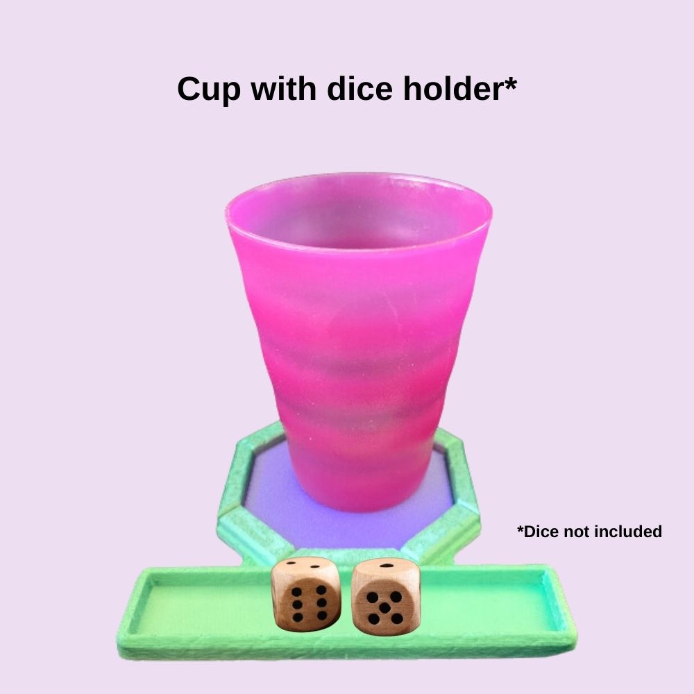 Handy cup with dice holder made in Australia by Chaos 3D Printing.