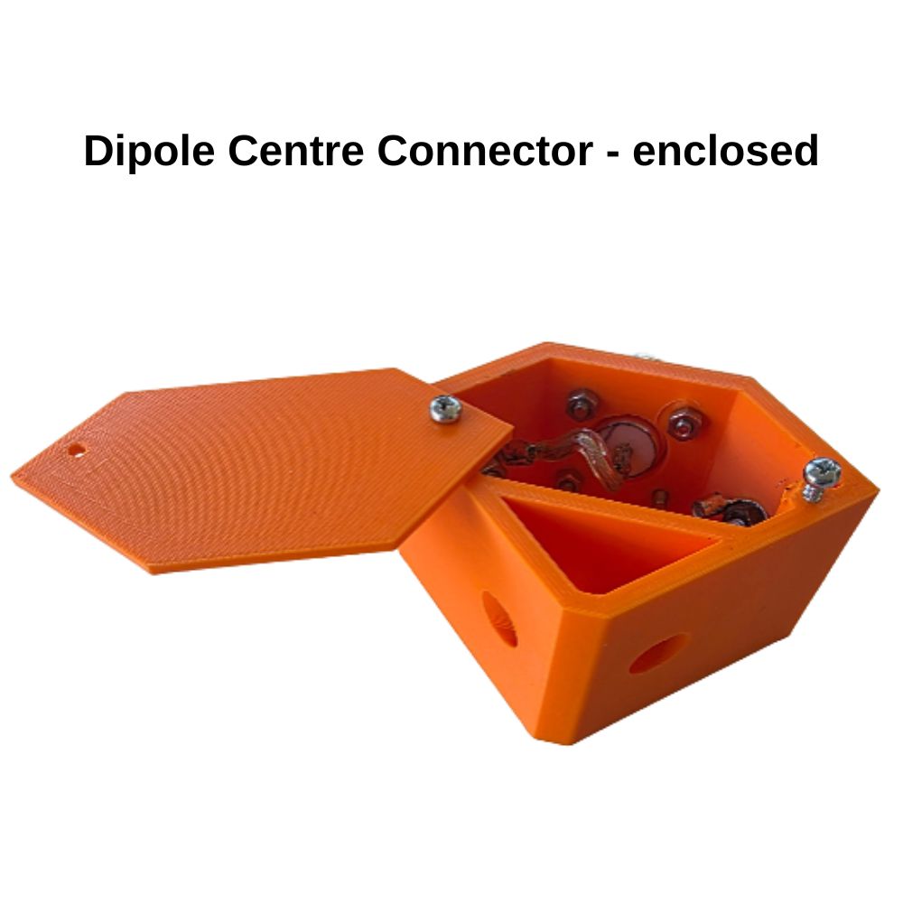 A new design - new enclosed center dipole for ham radio use outdoors or at home. Makes it easier to get through trees. Made in Australia by Chaos 3D Printing.