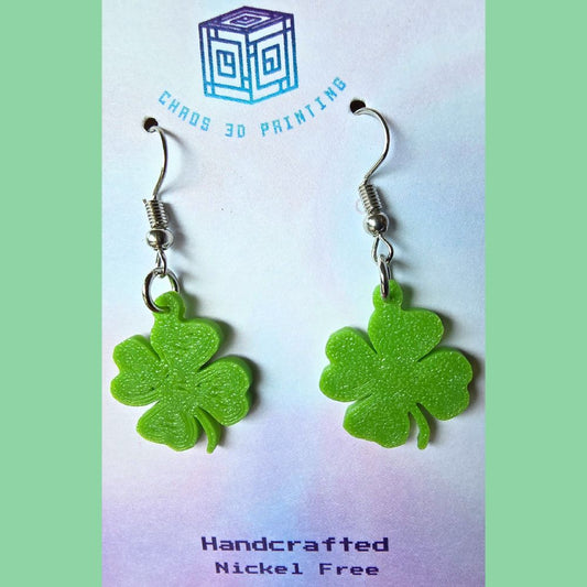 Lucky charm 3D printed earrings. Good luck 4 leaf clovers from Chaos 3D Printing.