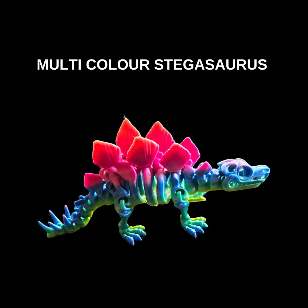 A stunning Multi Colour Stegosaurus 3D printed articulated toy. Made in Australia by Chaos 3D Printing.