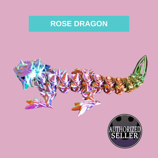 Rose Dragon articulated 3D printed fidget toy. Bright rainbow coloured Rose Dragon. Best gift for teenagers.