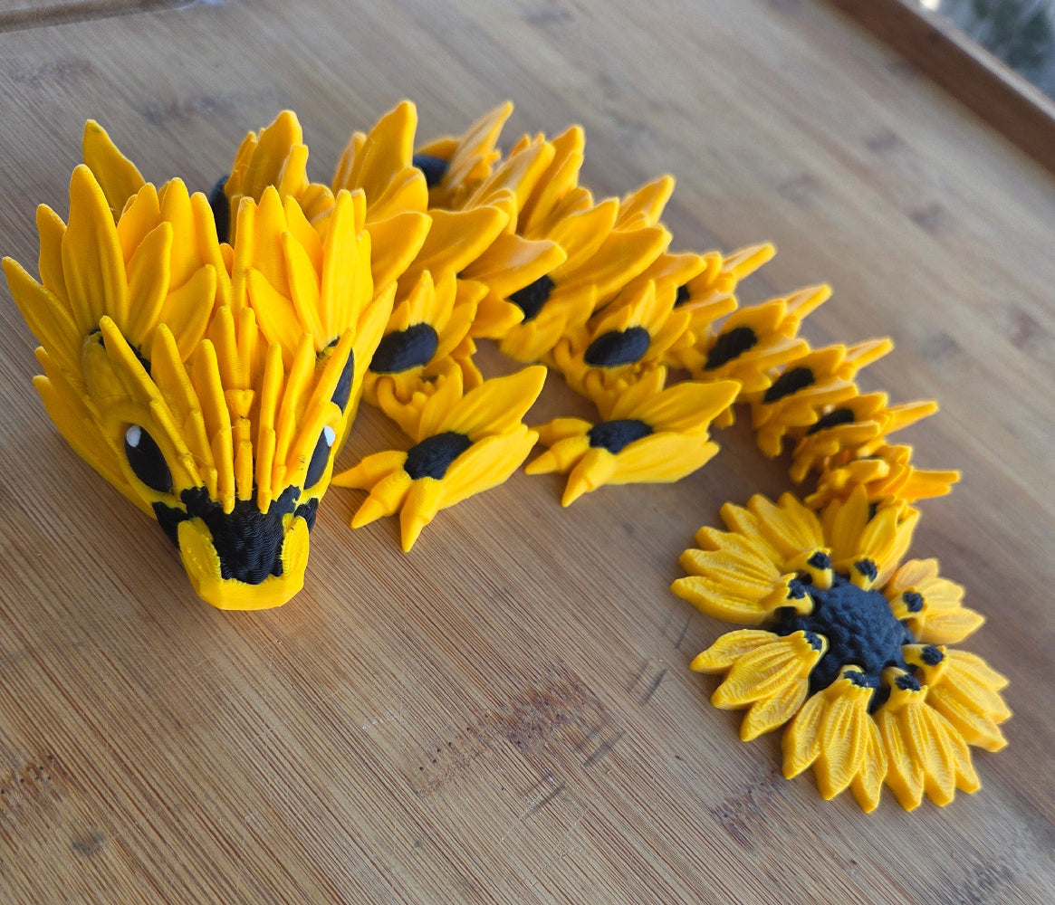 Sunflower Dragon 3D toy. Bright and cheery dragon toy. Made by Chaos 3D Printing in Queensland. Australian made.