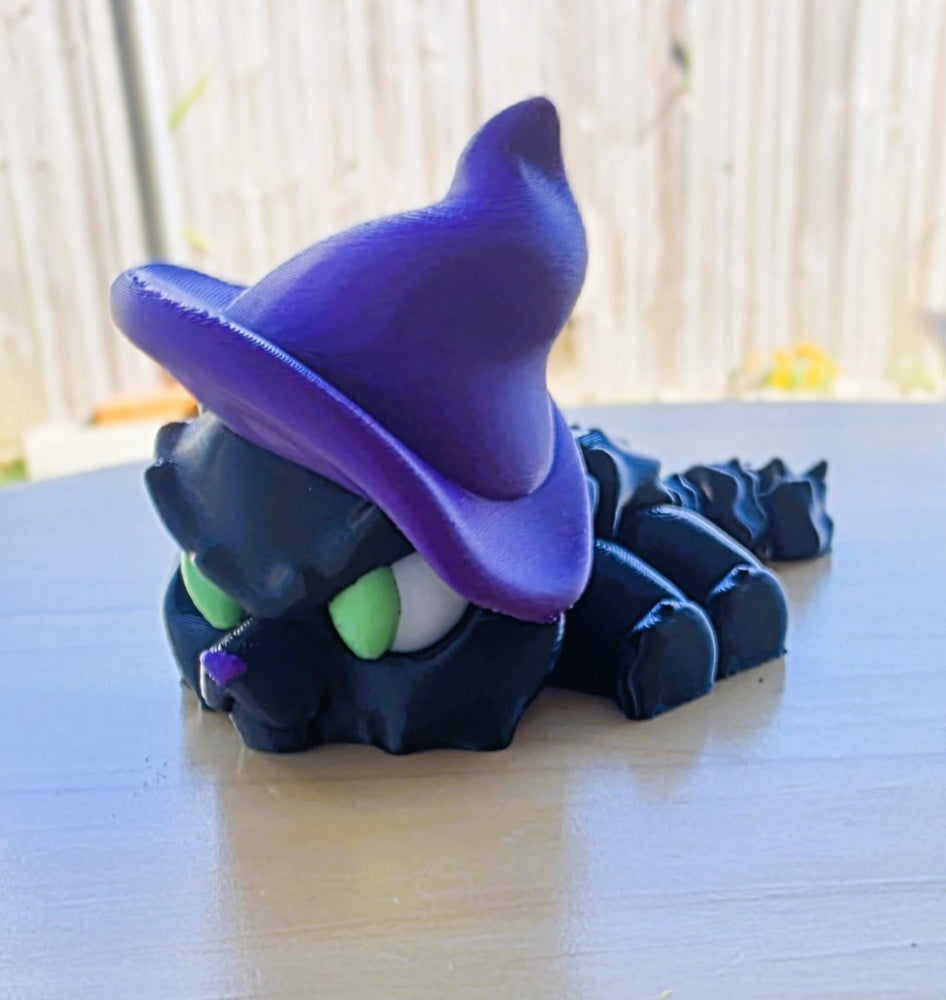 Witchy black cat 3D toy with a purple witch hat. Made in Australia by Chaos 3D Printing.