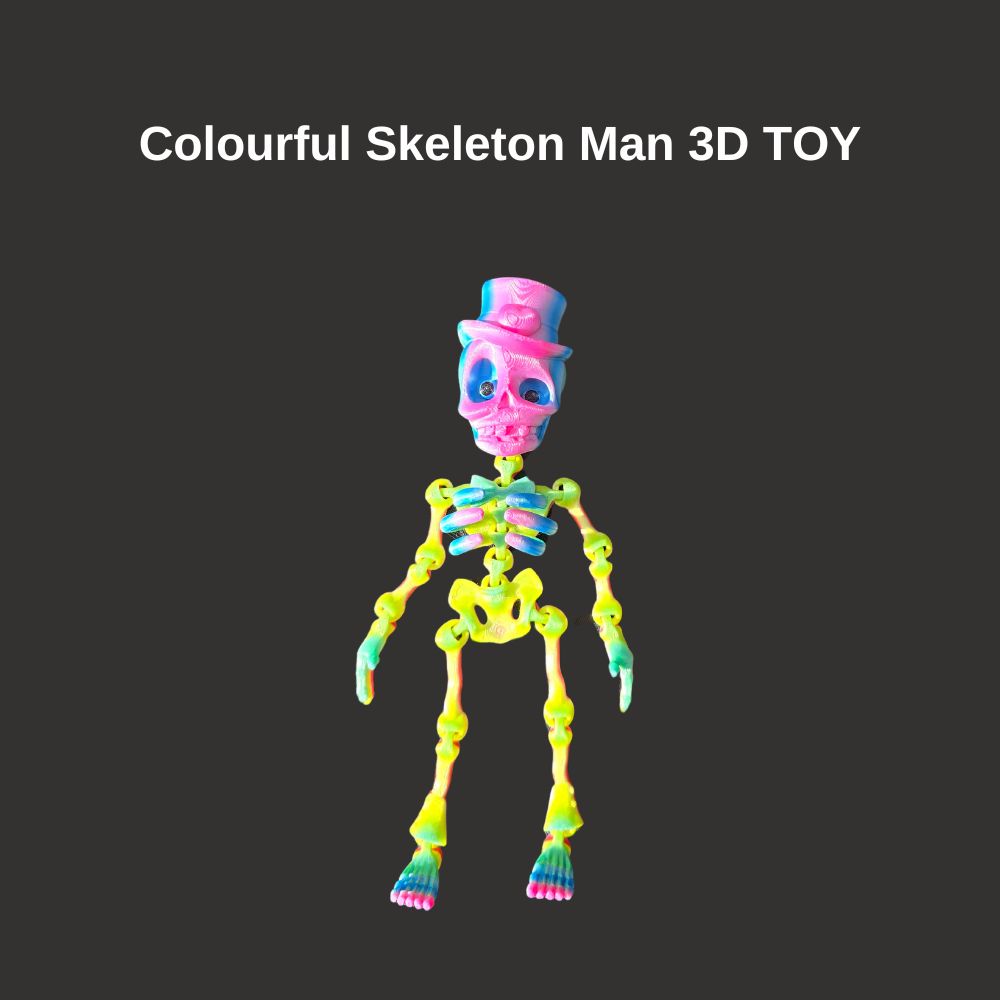 Colourful Skeleton Man 3d articulated toy made by Chaos 3D Printing in Australia.