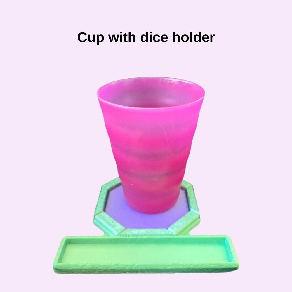 Handy cup with dice holder made in Australia by Chaos 3D Printing.