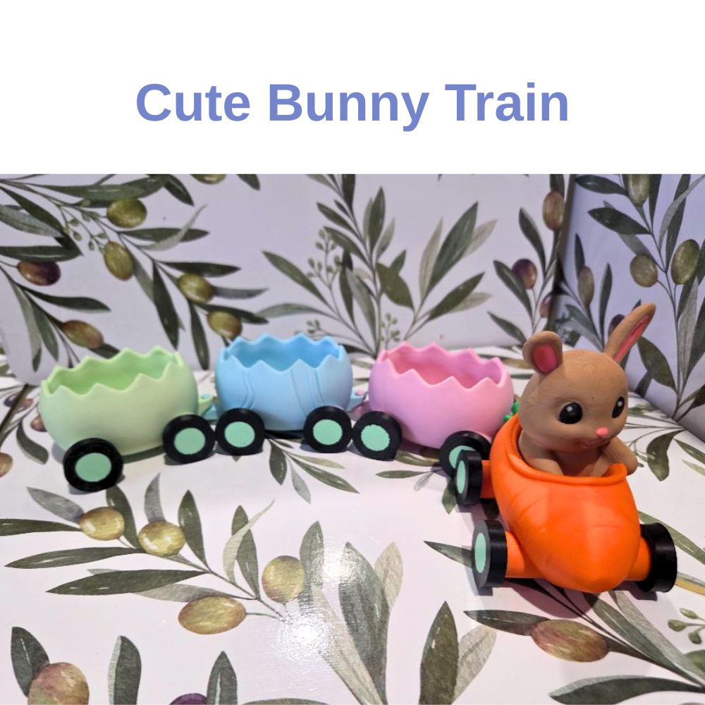 Toy train with a bunny figure and colorful carriages ready to add lollies, chocolates or small gifts.