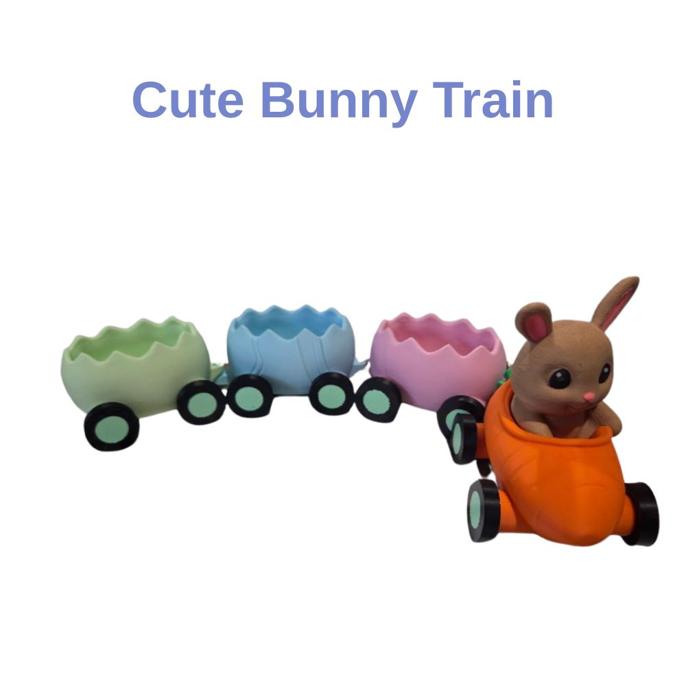 Toy train with a bunny figure and colorful carriages ready to add lollies, chocolates or small gifts.