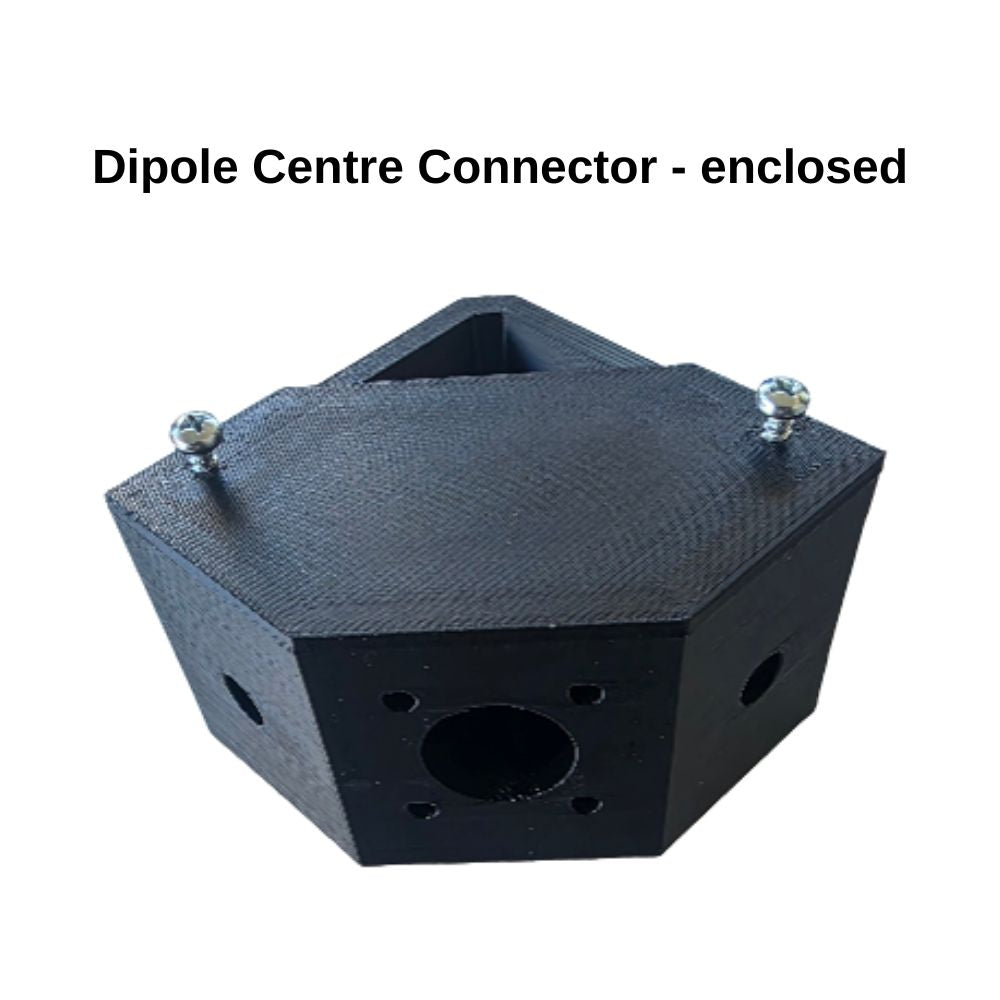 A new design - new enclosed center dipole for ham radio use outdoors or at home. Makes it easier to get through trees. Made in Australia by Chaos 3D Printing.