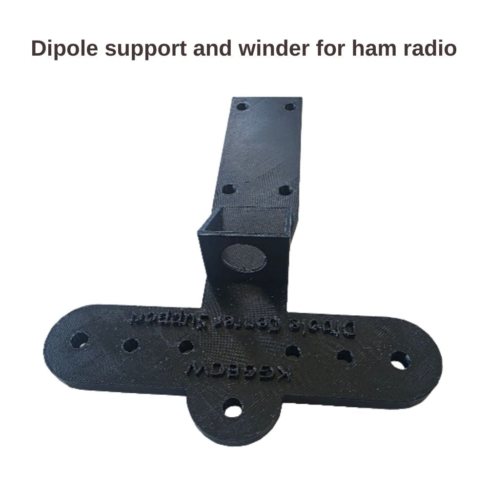 Center support and winder for portable dipole antenna use. Provides mounting bracket for SO-239, holes for center support and end supports, hole for stud for wire connections, and convenient area for winding the dipole onto for transport.