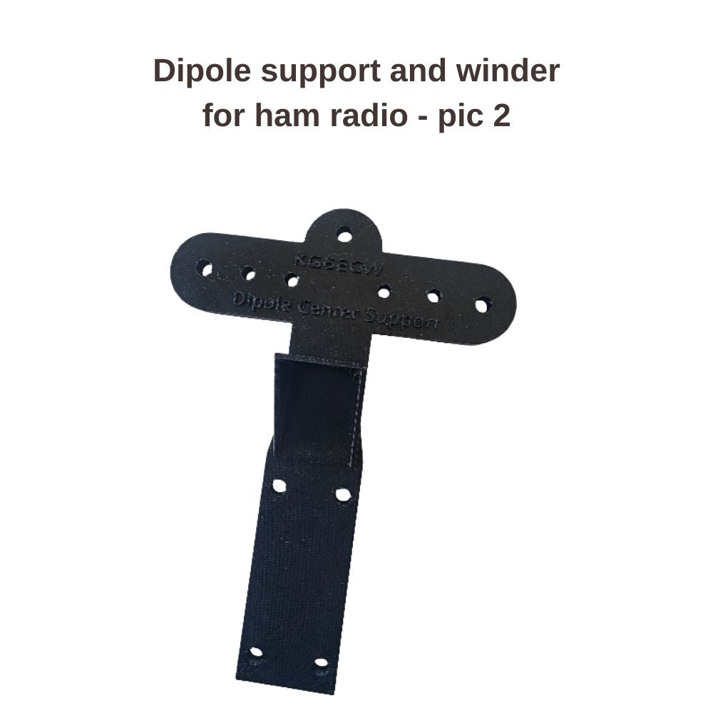 Center support and winder for portable dipole antenna use. Provides mounting bracket for SO-239, holes for center support and end supports, hole for stud for wire connections, and convenient area for winding the dipole onto for transport.