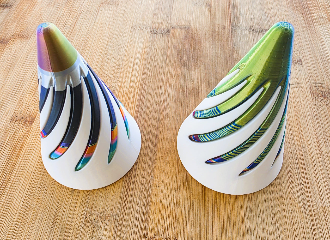 Examples of some Fidget Cone colours. 3D printed Fidget Cones. Made by Chaos 3D Printing in Queensland Australia. 