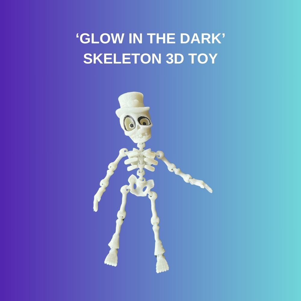 Glow in the dark 3d printed skeleton with articulation. Made in Australia by Chaos 3D Printing.