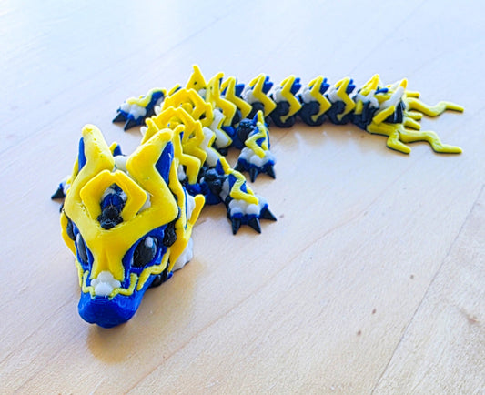 Blue and yellow Lightning Storm Dragon 3D toy. Printed in Australia by Chaos 3D Printing.