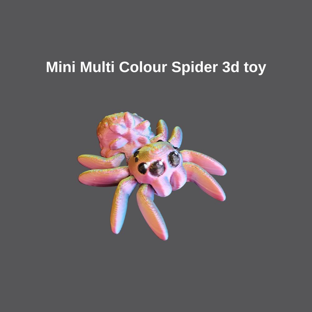 Shiny and colourful 3D spider for a fun fidget toy. Printed in Australia by Chaos 3D Printing.