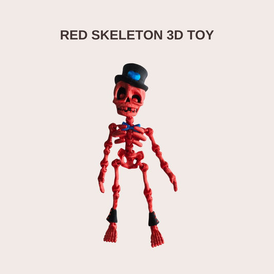 3d printed red skeleton with black and blue hat. Made by Chaos 3D Printing in Australia with commercial licence.