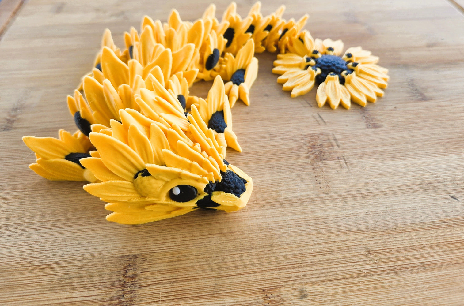 Sunflower Dragon 3D toy. Bright and sunny dragon toy. Made by Chaos 3D Printing. Australian made.