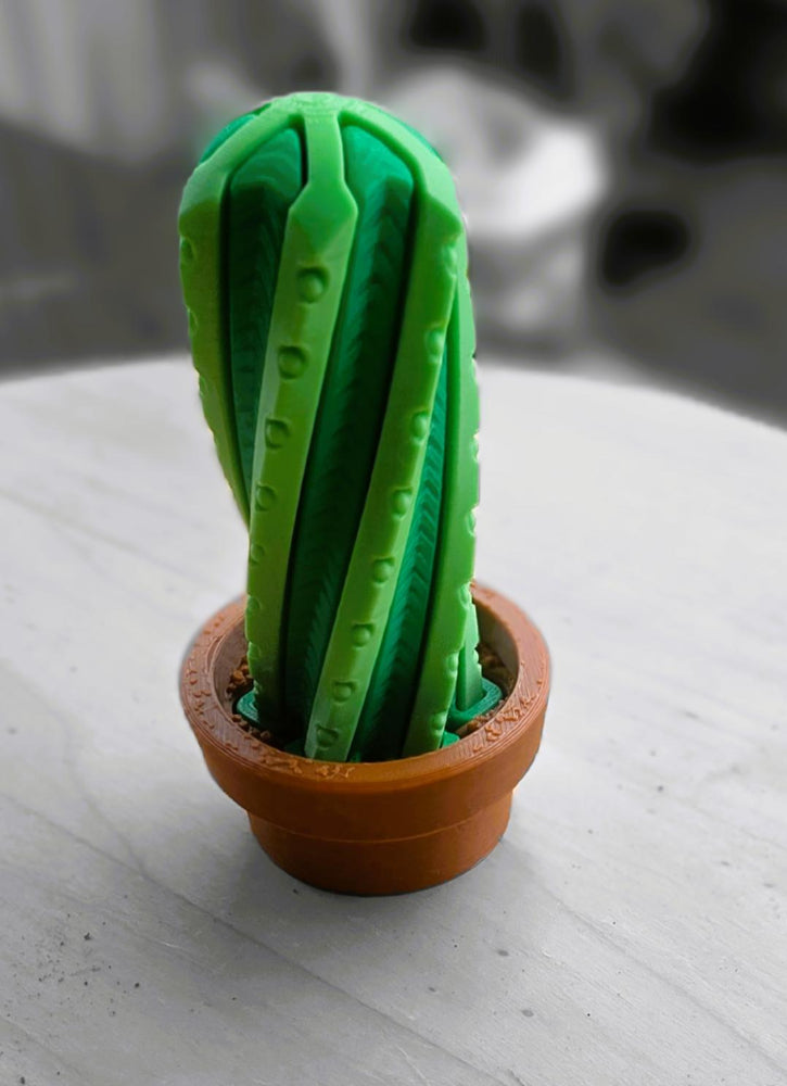 Green cactus-shaped object in a brown pot. Twisting fidget 3d toy made by Chaos 3D Printing in Australia.